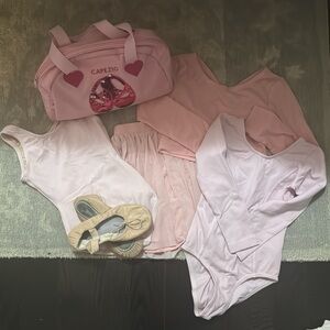 Capezio Pink ballet bag, slippers, skirt, 2 bodysuits and a top!